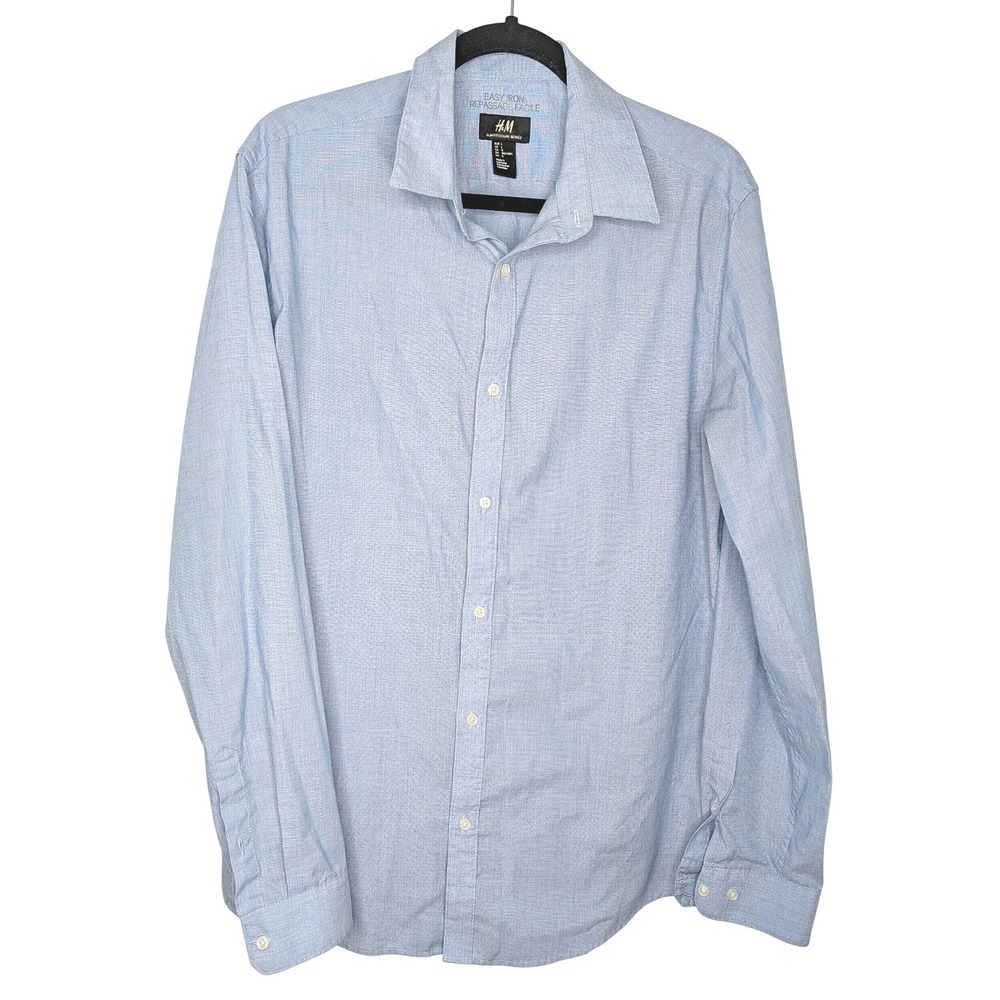 H&M Button Down Shirt Mens Large Blue Slim Fit Easy Iron Long Sleeve Business
